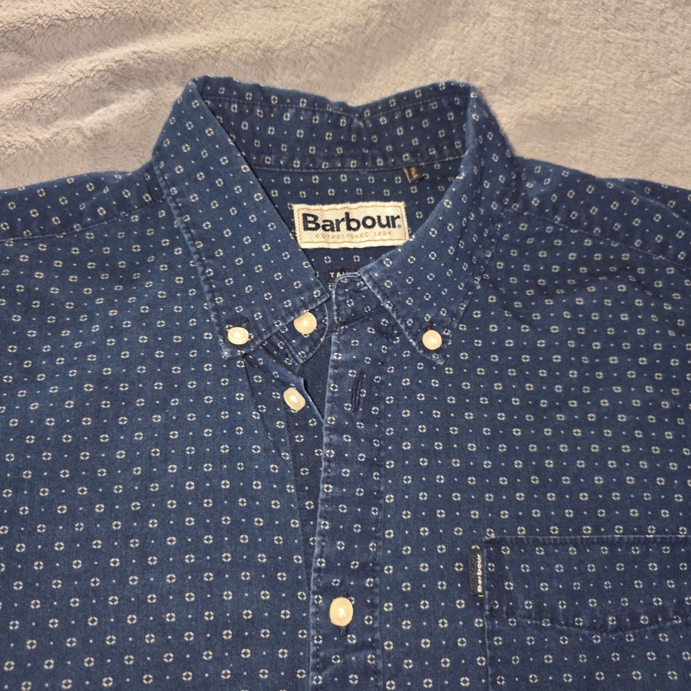 Barbour Indigo 1 Tailored‎ Fit Button Down Shirt Mens Small Navy Geometric Print